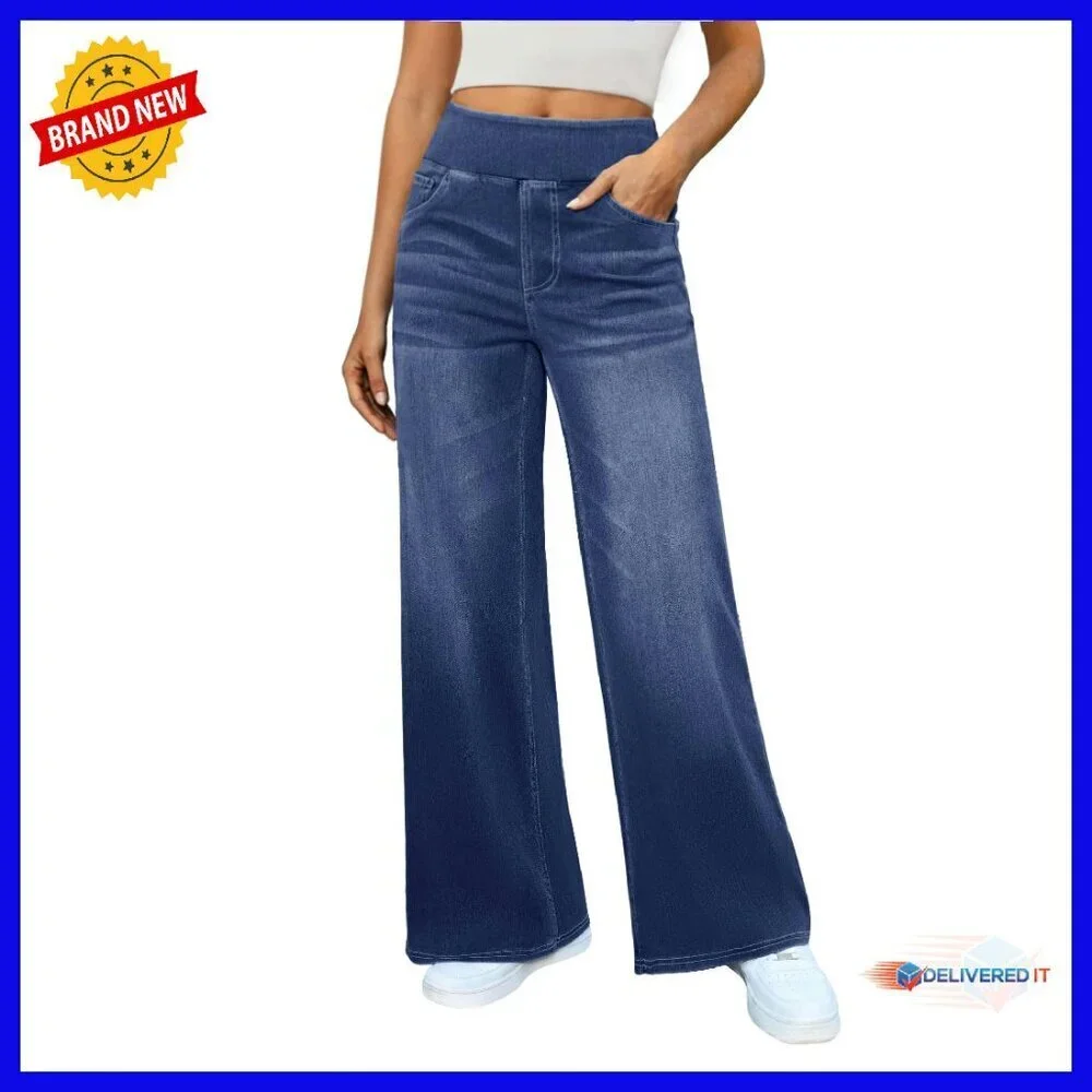 Wide Leg Stretch Jeans High Waisted Elastic Pull On Denim Pants